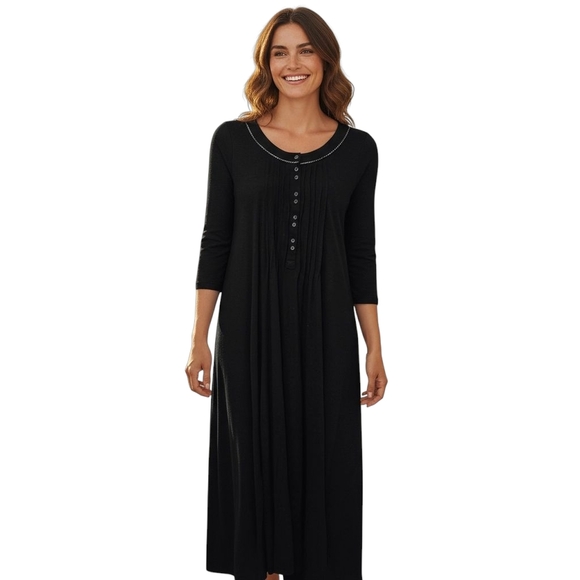 Eileen West Modal Black Long Sleeve Nightgown Pajama Dress Women's Medium Button - Picture 1 of 6